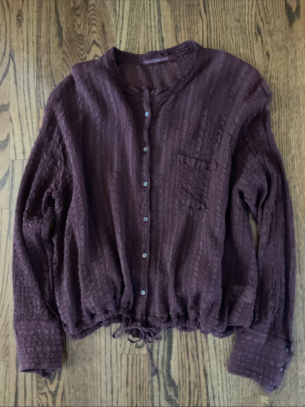 Textured Button Up Auburn Sheer Blouse